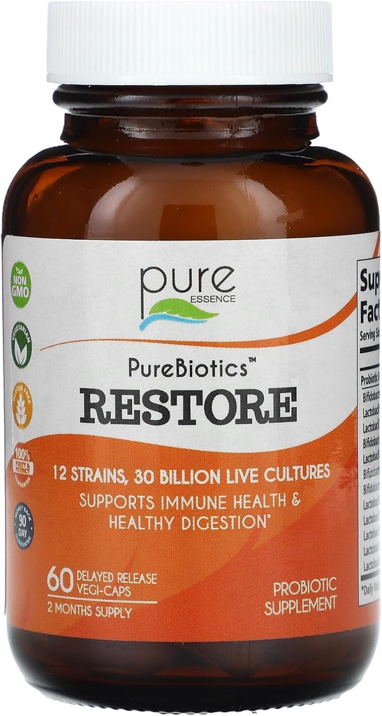PURE ESENCE LABS Recuperează Suplimentul Probiotic 30 Miliarde CFU - Probiotice pentru bărbaţi şi femei - 12 Tulpini pentru suport imunitar şi sănătate digestivă - Suport natural pentru eliberarea constipaţiei (60 Caps)