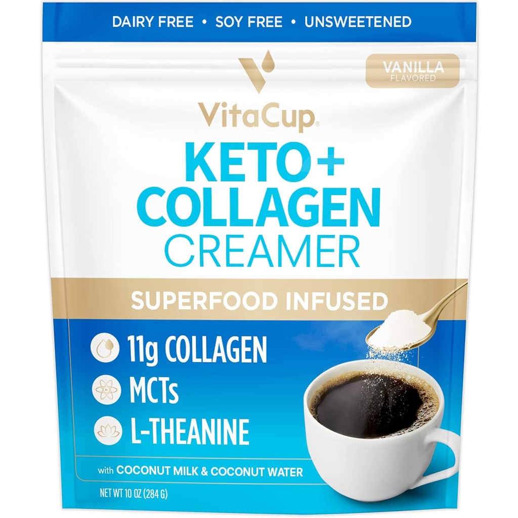 VitaCup Keto + Colagen Coffee Creamer Vanilla Flavor cu MCT, Colagen Proteine, Coconut Water, L-Theanin pentru Keto Diet, Utilizați în cafea, Smoothies, & Shakes, Dairy-Free, Gluten-Free, Soy-Free, 10oz