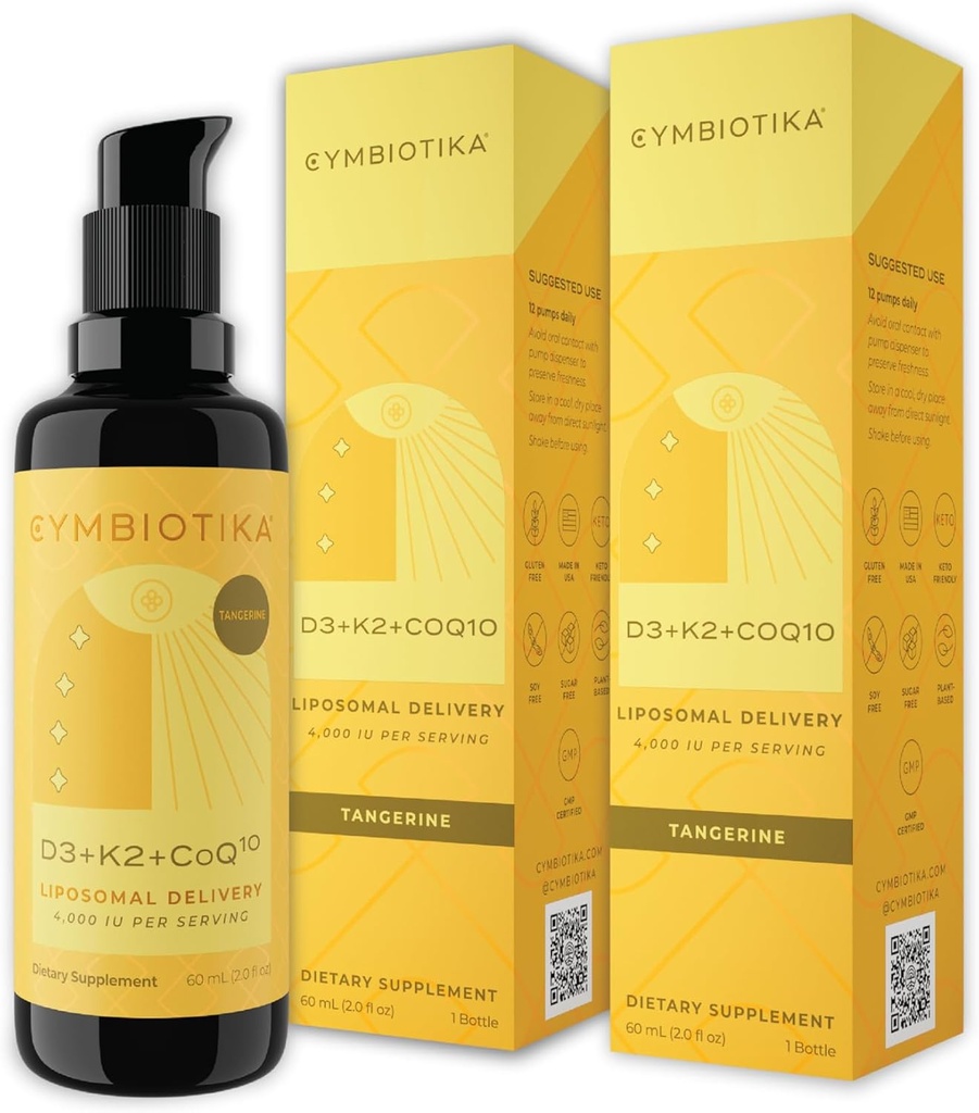 CYMBIOTIKA Vitamina D3 + K2 + CoQ10 lichid, vitamina D Suplimentul pentru suport imunitar, Heart Health & Bone Health, Booster energetic, Liposomal Livrare, Vegan, Tangerine Flavor, 2pck (4.0 fl oz.)