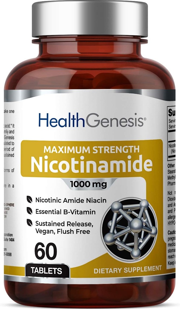 B-3 Nicotinamida 1000 mg 60 Tabs Extra Putere de eliberare lentă - Natural Flush-Free Vitamina Formula 