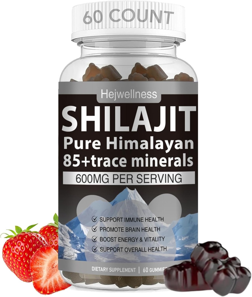 Silajit Gummies - 600 mg Natural Organic Shilajit Resin cu 85+ Trace Minerale, Acidul pelvian & Fitonutrients - Aroma de căpșuni - pentru energie, Suport Immune - 60 Gume, 1 lună de aprovizionare