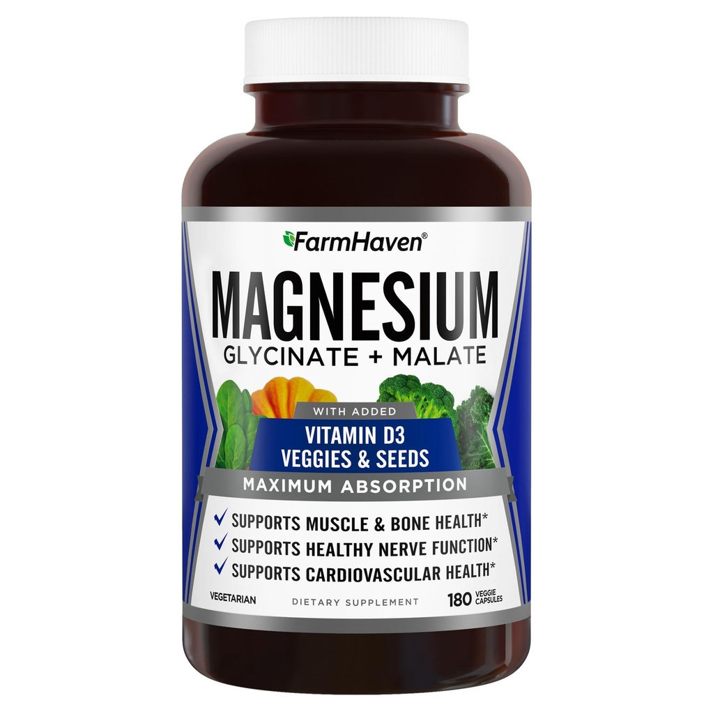 FarmHaven Magneziu Glicinat & Malate Complex w/Vitamina D3, 100% Chelated for Max Absorbtion, Vegetarian 