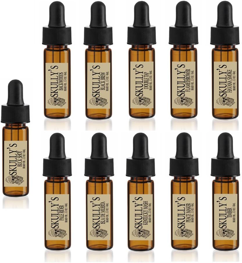 Set de probe de ulei de barbă a lui Skully (11) Drame de sticlă de 5 ml, ambalaj de călătorie