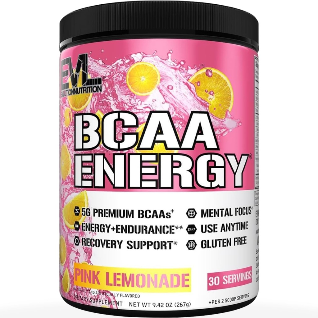 EVL BCAAs Aminoacids Powder - BCAA Energy Pre Workout Powder for Musculare Recuperare Lean Creștere și Rezistență - Rehidratare Post Workout Recovery Drink with Natural Cofeina - Roz Lemonade