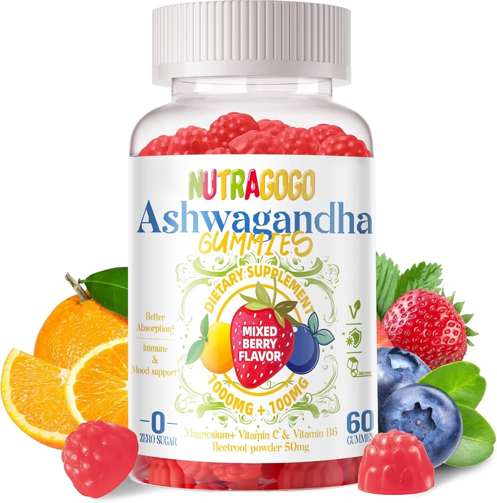 Ashwagandha Gummies & Vitamina D3 Gumies 60 Count - Organic Aswangdha Supliment pentru îmbunătățirea somnului, Stres Relief & Mood calm (amestecat Berry, Vegan, pe bază de plante, Gluten-Free & Gelatină) 1 ambalaj