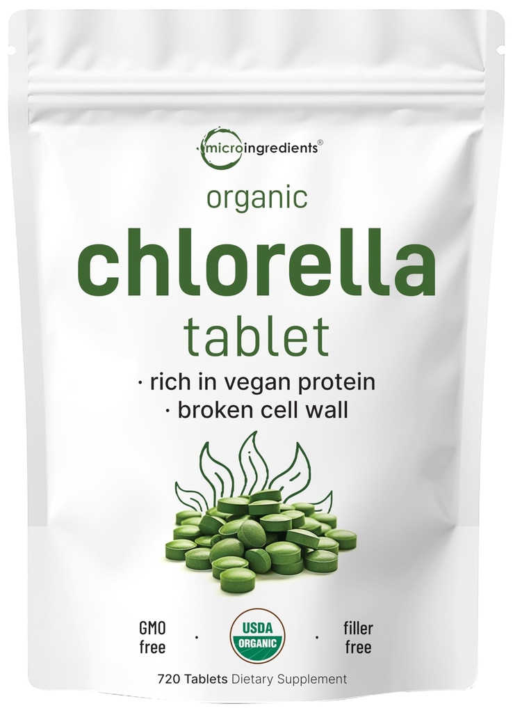 Organic Chlorella Tablets, 500 mg per tabletă, 720 Tabs (360 Grams), 4 luni de aprovizionare, Broken Cell Wall, bogat în proteine și vitamine din Vegan, fără filler, fără aditivi și non-GMO Superfood verde Algae