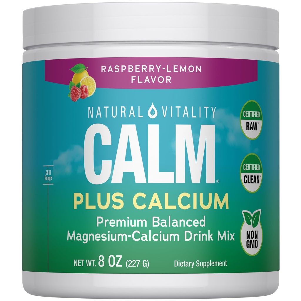 Natural Vitality CALM Magneziu Supliment Drink Mix Plus Calciu, Anti-Stres Drink Mix Powder, Cu Calciu, Vegetarian & Non-GMO, Raspberry Lemon, 8 oz
