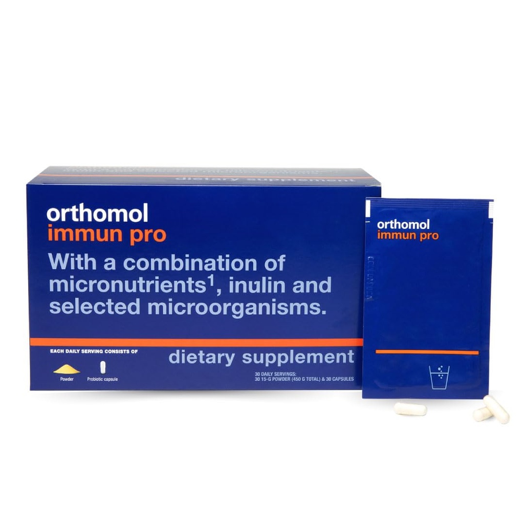 Orthomol Immun Pro, Immun Supplement, Probiotic Gut Health Supplement, Inulin Prebiotic Fiber, 30-Day Supply, Vitamina A, B, C, D, E, Zinc, Iod, Probiotice pentru femei și bărbați, Daily Powder & Capsule