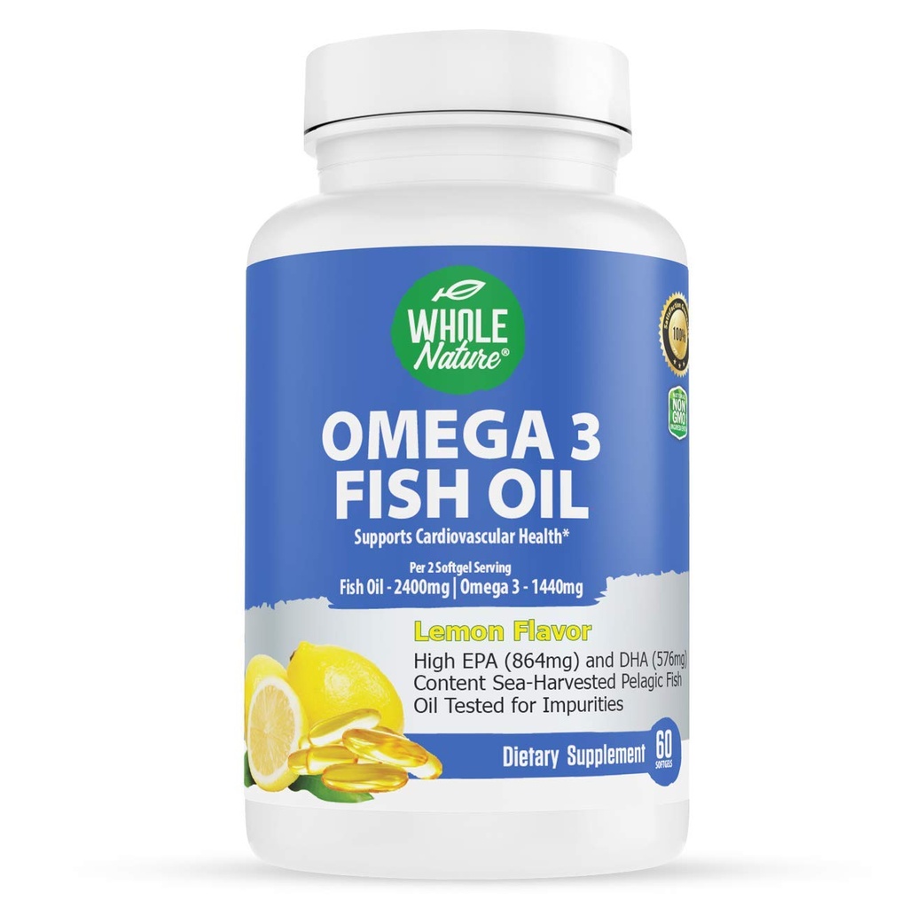 Omega 3 Suplimente de ulei de pește, puterea maximă 2400 mg Omega-3, 1440 mg ulei de pește, EPA DHA acizi grași, Heart Health, Vision, Eye, Brain, Immune Support for Women & Men. Natural Lemon Flavor, 60 ct (1)