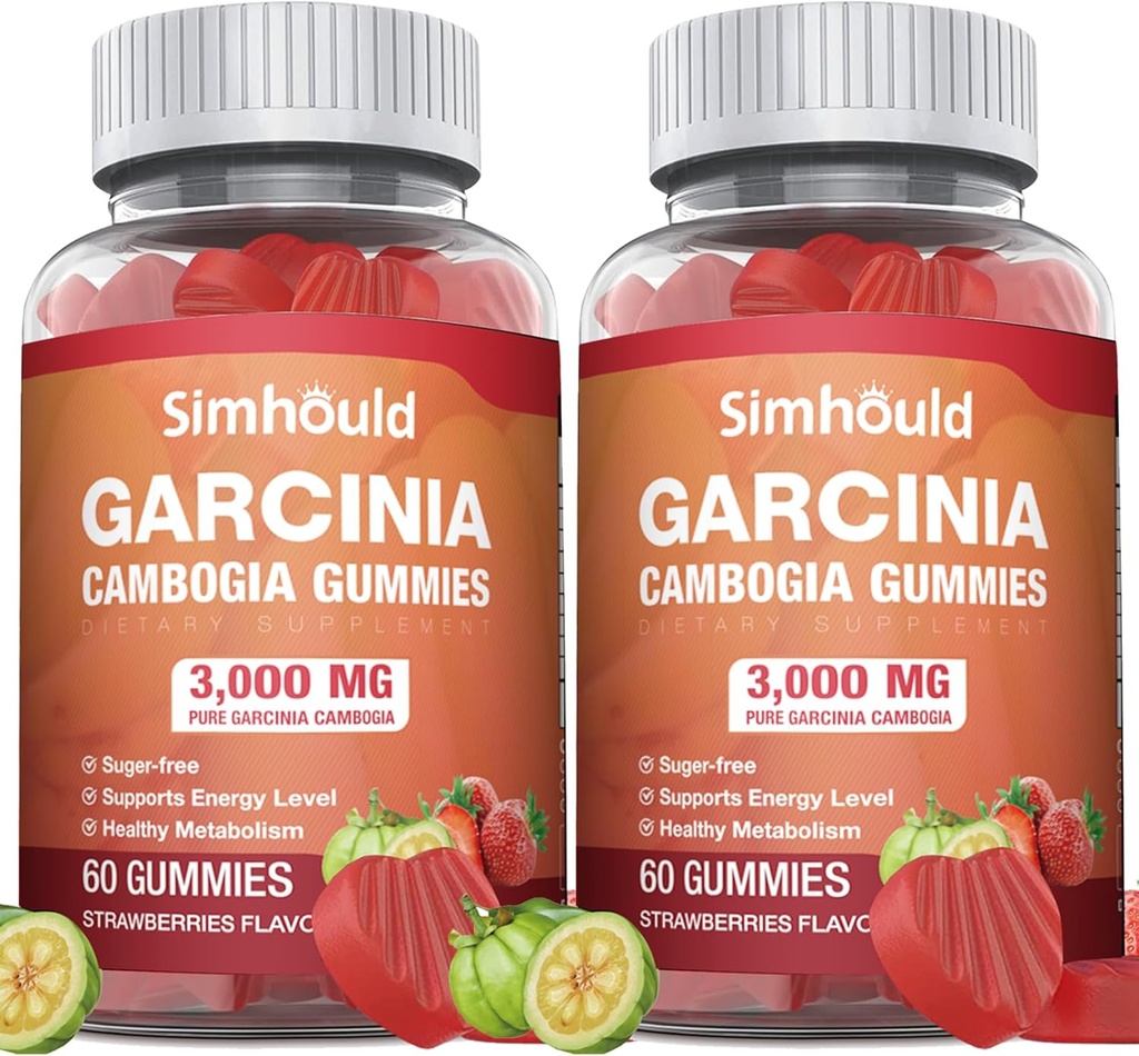 2 Pack Garcinia Cambogia Gumries - 3000mg 95% HCA cu L-Carnitina, energie Boost, aromă de căpșuni Gummy mai ușor de luat decât pastile și capsule 120 Counts
