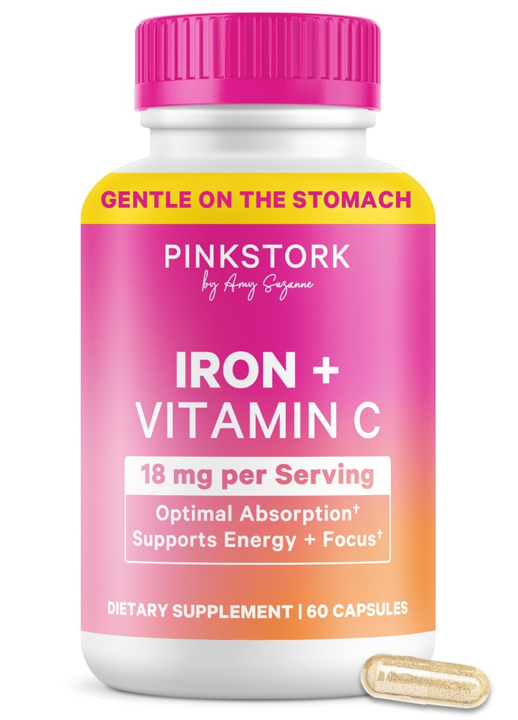 Pink Stork Supliment prenatal de fier pentru femei - 18 mg non-consceptibil de fier & Vitamina C pentru sarcina, postpartum, & Alaptare - Focus, Oboseală, & Productia de celule sanguine - 2 luni de aprovizionare