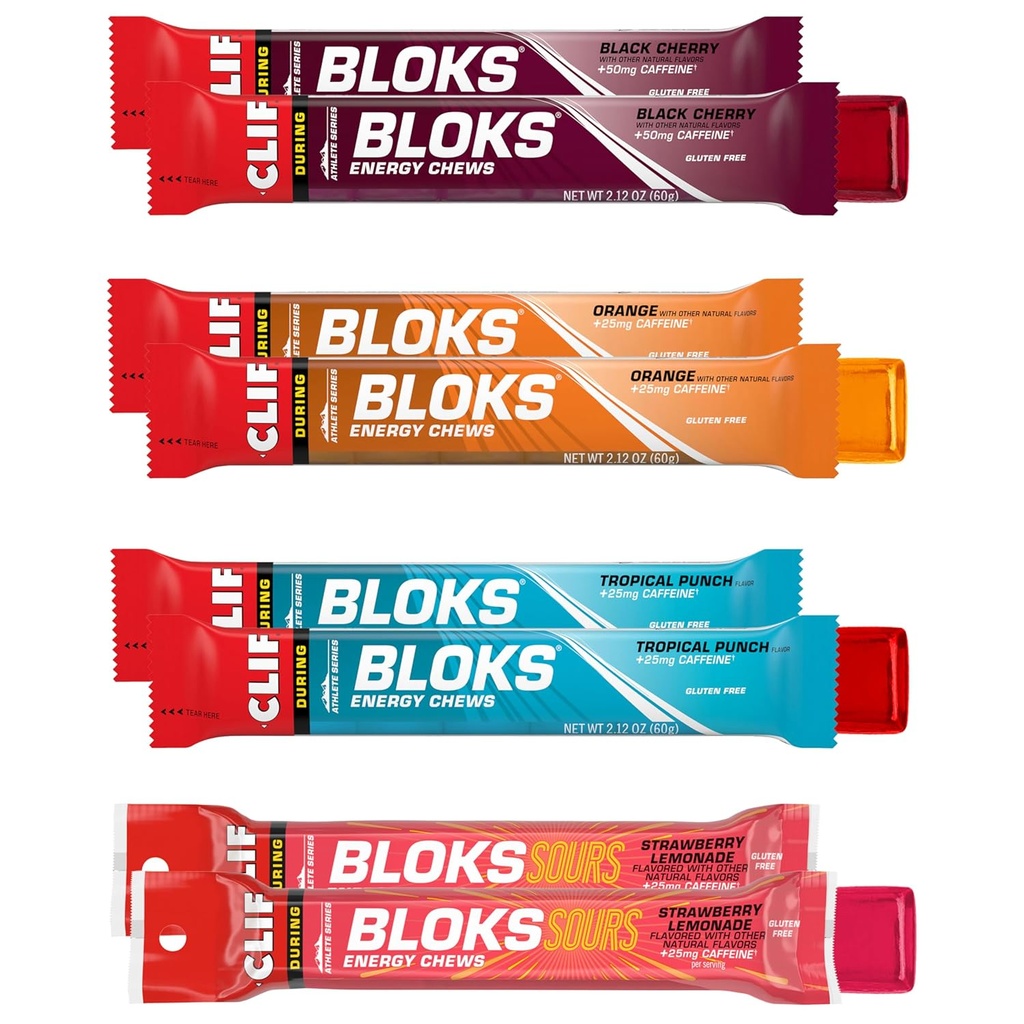 Clif Bloks - Economie Chews cu Cafeina - Variety Pack - Non-GMO - Plant based - Fast Fuel for Cycling and Running - Rapid Carbohidrați și Electroliți - 2.12 oz. Pachete (8 Conte)