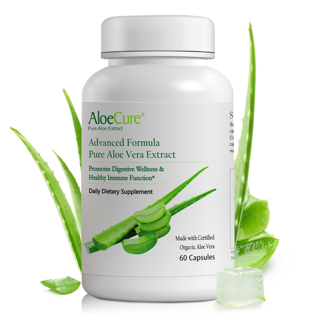 AloeCure Organic Aloe Vera Capsules, 160.000 mg Inner Aloe Leaf Echivalent per Serving, Suport Gut, Digestive, & Immune Health, Ajuta la mentinerea echilibrului aciditatea stomacului, Aloin Free, 60 Capsule
