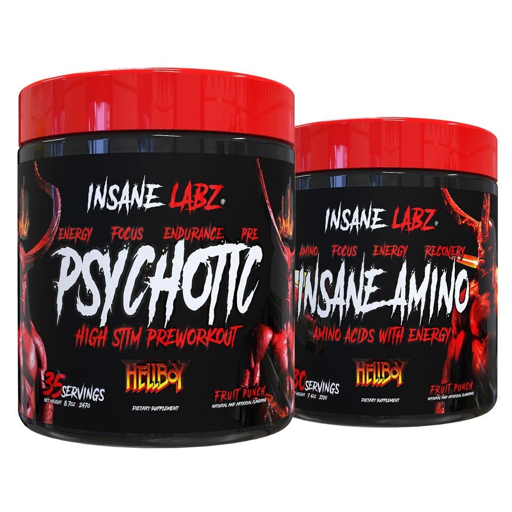 Insane Labz Hellboy Bundle, Psihotic Hellboy Pre Antrenament și Insane Amino BCAA, Creșterea masei musculare, Putere, Focus și timp de recuperare, Punch fructe