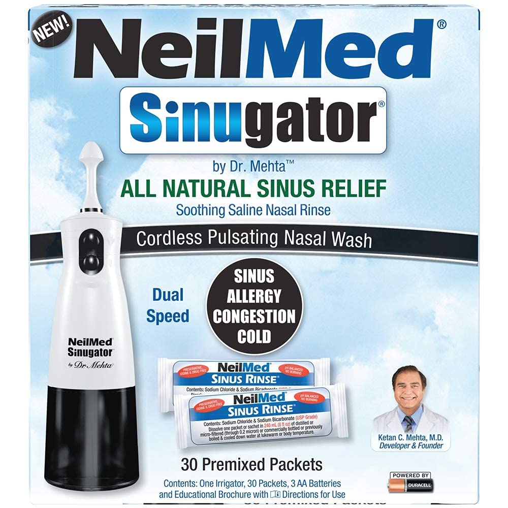 Neilmed Sinugator Pulsator fără fir Irigator Nasal (Dual Speed) cu 30 Pachete premixate și 3 baterii AA - Negru (Pachet de 1)
