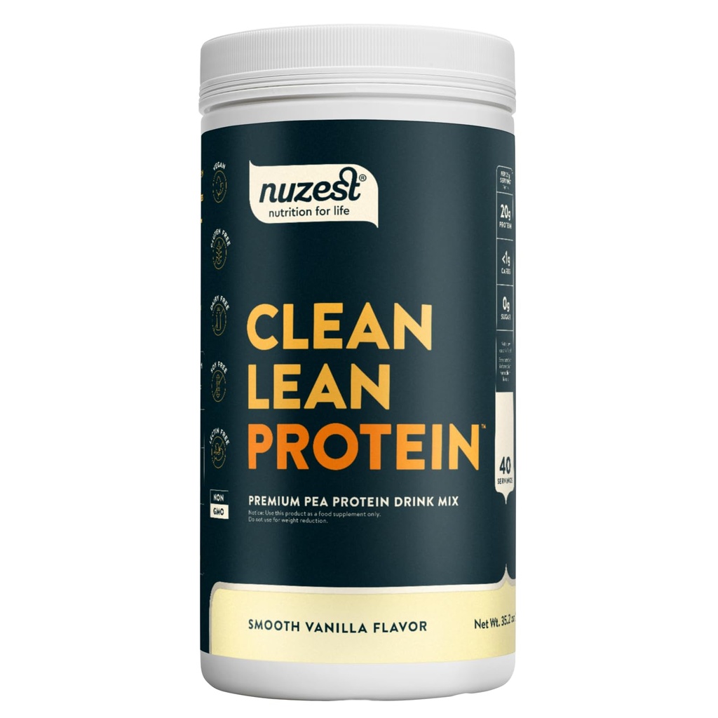 Nuzest - Pudră de proteine din mazăre - Proteină din lean curată, Praf de proteine pe bază de plante din Vegan Premium, Dairy Free, Gluten Free, OMG-uri libere, Shake de proteine, Vanilie netedă, 40 Serviri, 2.2 lb
