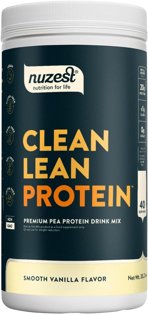 Nuzest - Pudră de proteine din mazăre - Proteină din lean curată, Praf de proteine pe bază de plante din Vegan Premium, Dairy Free, Gluten Free, OMG-uri libere, Shake de proteine, Vanilie netedă, 40 Serviri, 2.2 lb