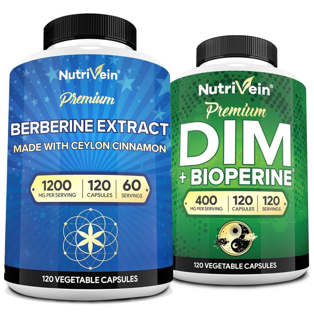 Nutrivein Premium DIM & Berberine Supplement Bundle: Berberine de mare absorbție & DIM Supliment cu Bioperine - pentru echilibru hormonal, Digestive Regularitate, Metabolism, & Global Wellness