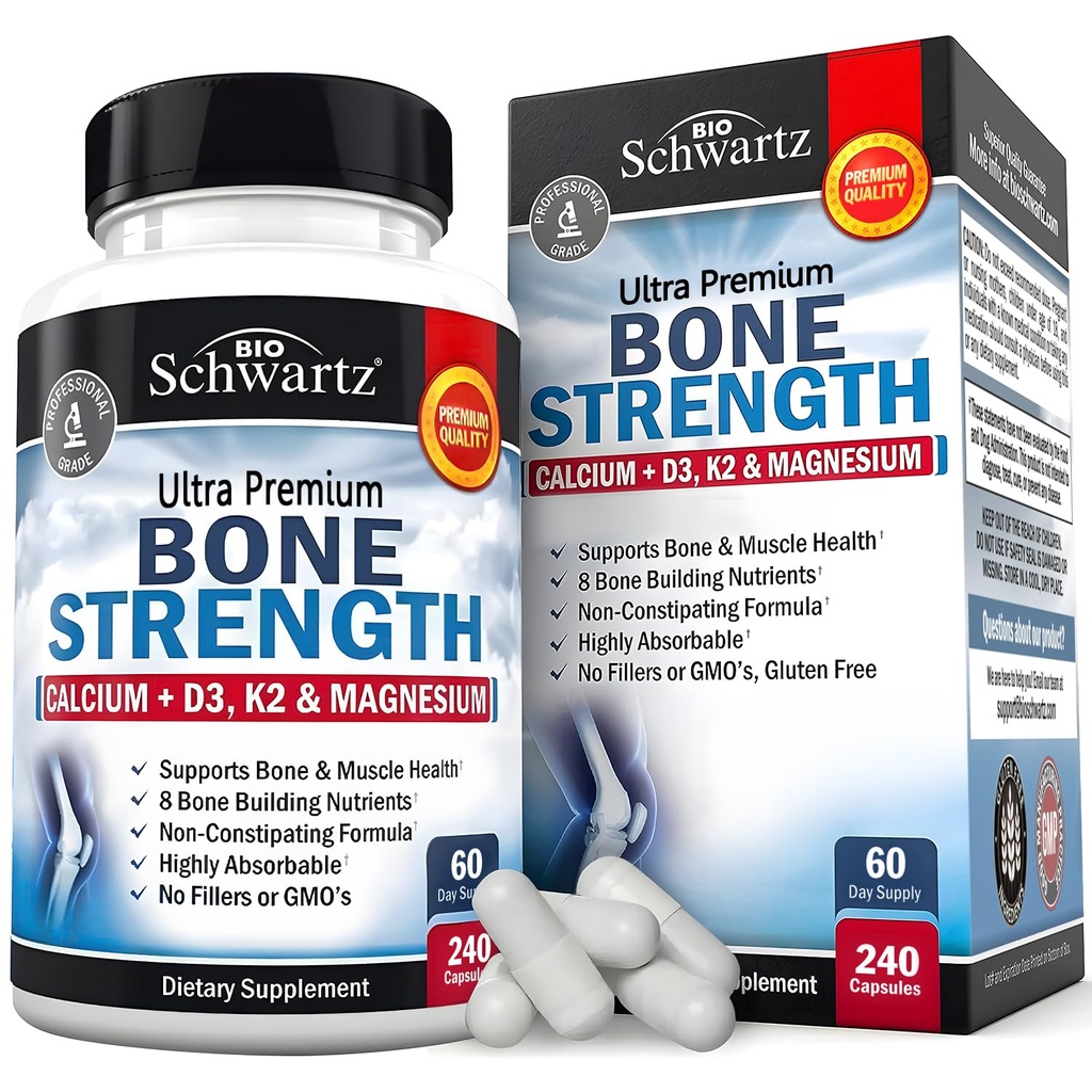 BioSchwartz Bone Suplimentul de putere - Gentle non-conspiting Bone Health Supliment pentru femei si barbati cu 9-in-1 Complex de magneziu calciu zinc D3 K2 & More - 3rd Party testat - 2 luni