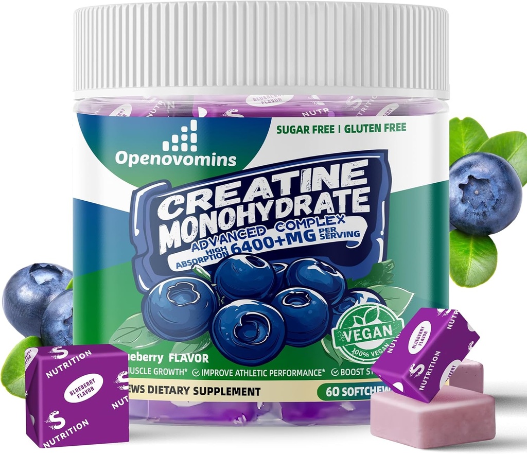 Creatine Monohidrat Soft Chews Complex 6400mg pentru bărbaţi şi femei -Advanced Formula W/L-Taurine + Vitamina B12, Sugar Free Chews,60 Blueberry Softchews