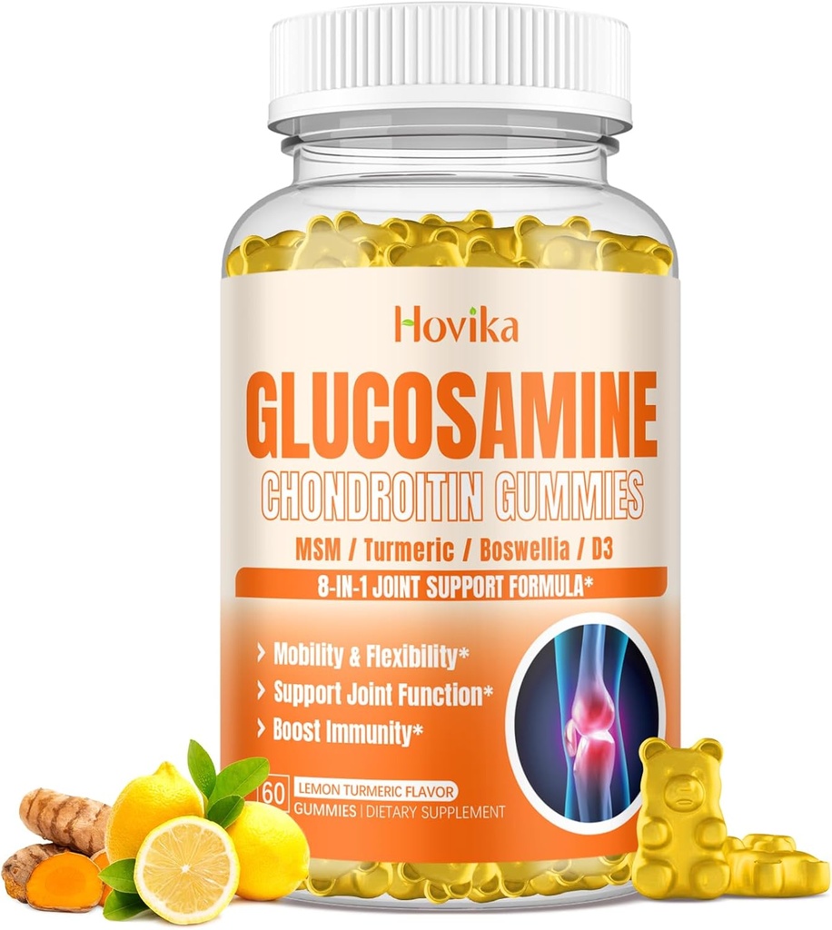 Glucosamină Chondroitin MSM Gummies 1500mg - Supliment comun de suport cu Turmeric, Boswellia, Vitamina D3, Acid hialuronic, Antioxidant, Suport imun pentru adulți, Bărbați și femei Vegan, 60 Gummies