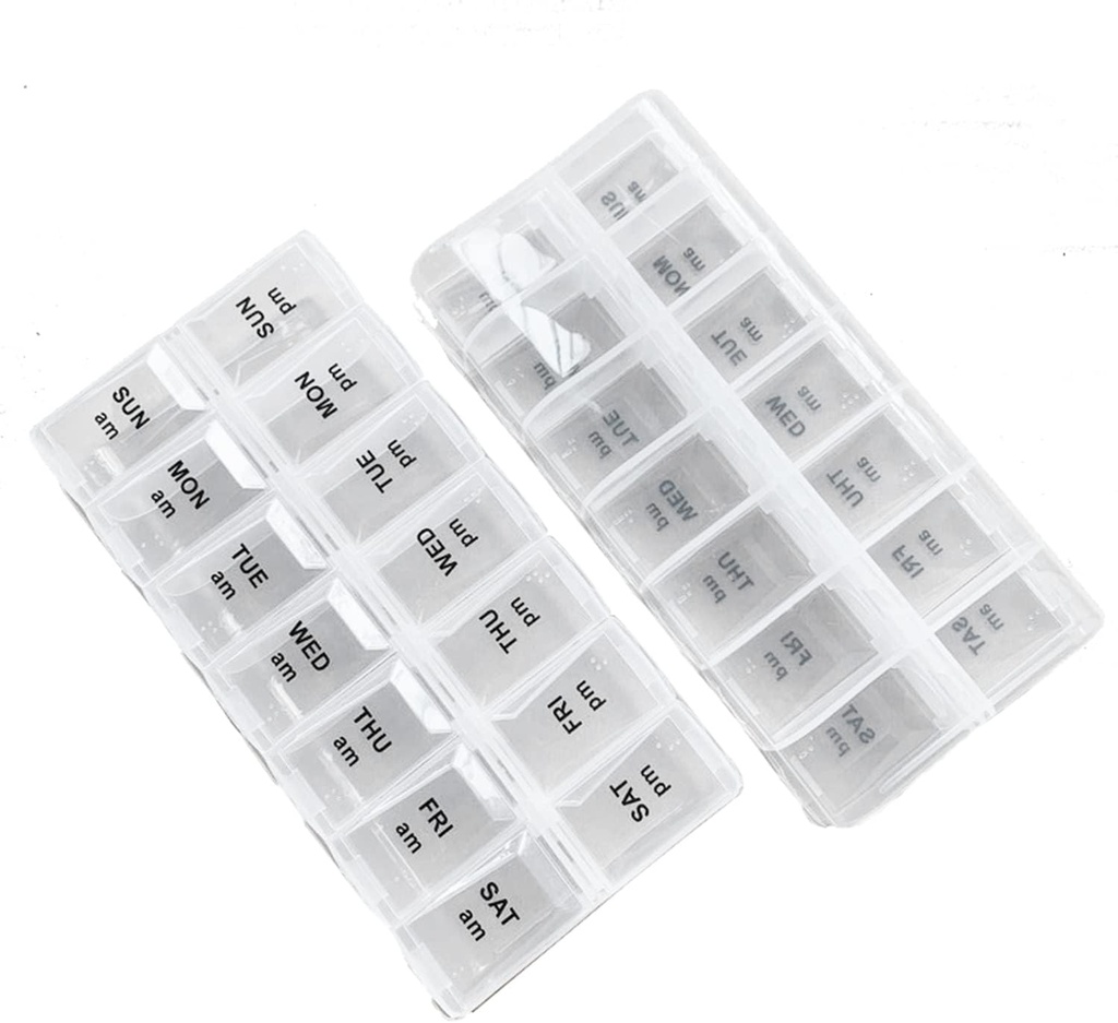 2 Pack OPP Clear Daily Pill Box Organizator, Weekly Pill Organizator 2 ori pe zi pentru pastile, Suplimente și medicamente, Am Pm Pill Organizator 7 Ziua, Pilula Box 7 Ziua - 6,7 x 3,2 x 1 inch