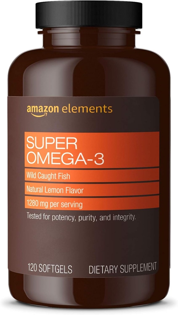 Elemente Amazon Super Omega-3, EPA & DHA Omega-3 acizi grași (1280 mg per Serving, 2 Softgels), Aroma de lămâie naturală, 120 Conte (Pachetul poate varia)