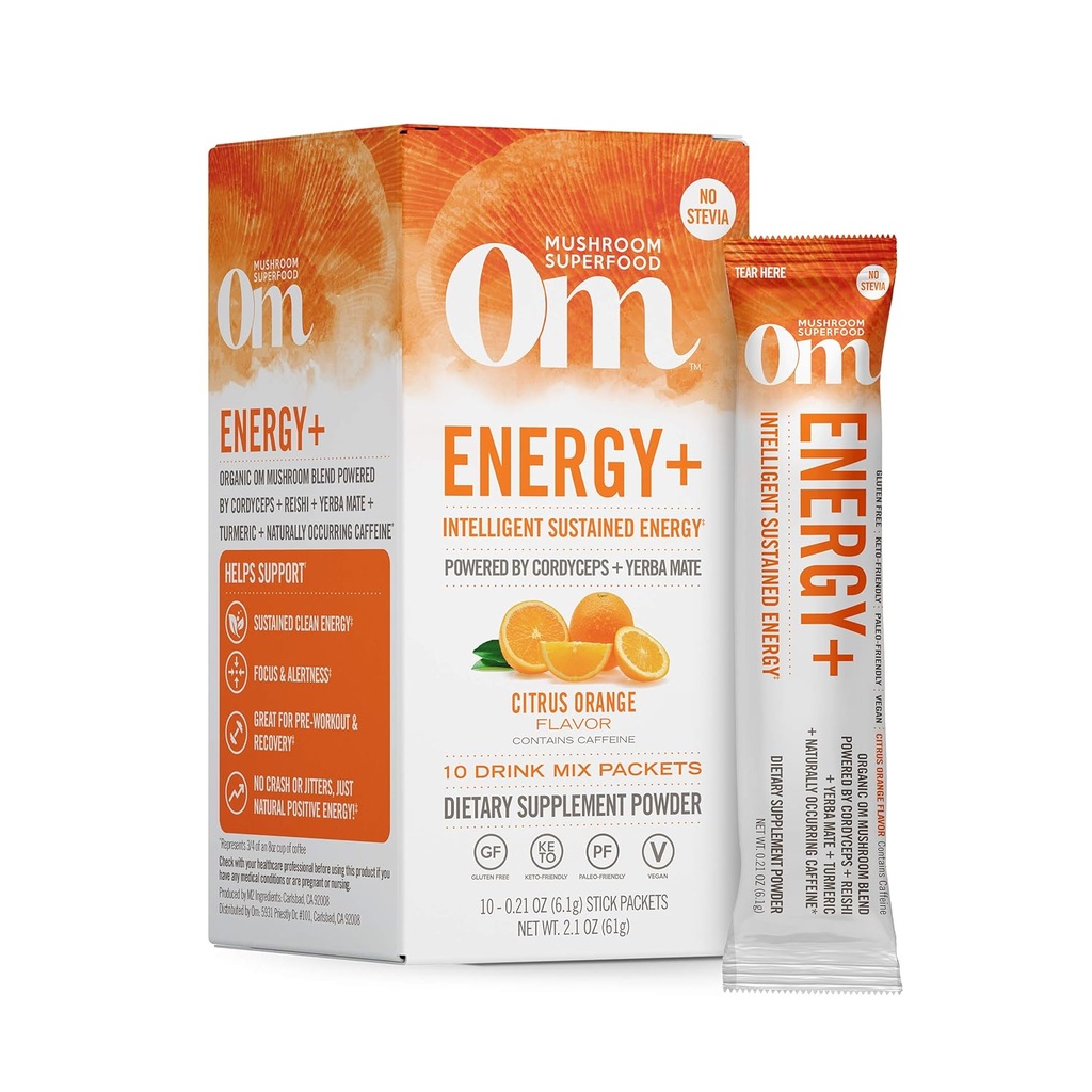 OM MUSHROOM SUPERFOOD Energy Plus Mushroom Powder Drink Mix, Citrus Orange, Single Serve, 10 Conte, Mushroom Blend, Cordyceps, Yerba Mate, Tumeric, Vitamina B Complex, Pre-Garare, Supliment imunitar