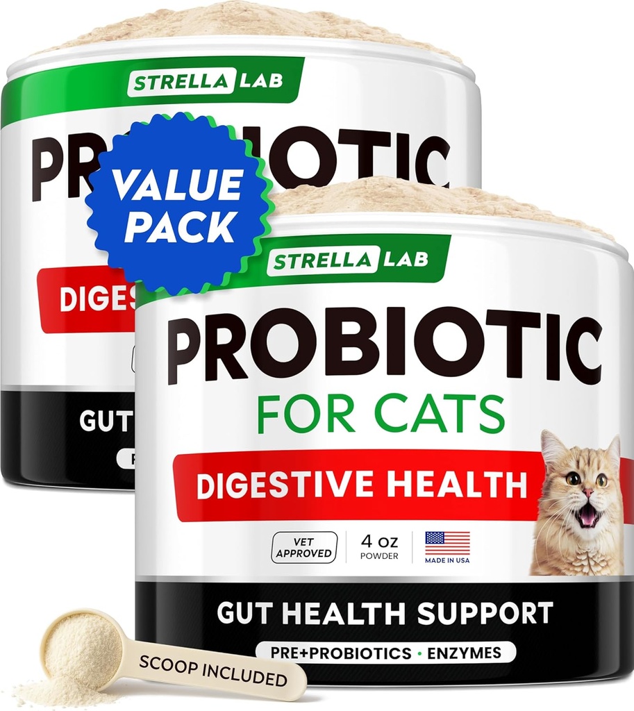 StrellaLab Cat Powder Probiotic - Probiotice pentru pisici cu diaree - Ușor de amestecat pulbere - Probiotice Cat pentru pisicile de interior, Suplimentul alimentar Provizii de sănătate, Suport digestiv (8 oz / Pachet de 2)