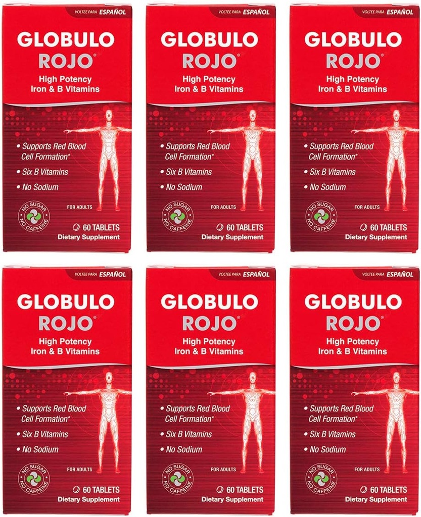 Globulo Rojo Supliment de fier - Supliment alimentar Pastile cu potenta mare de fier & B Vitamine, 60 comprimate - 6 ambalaj