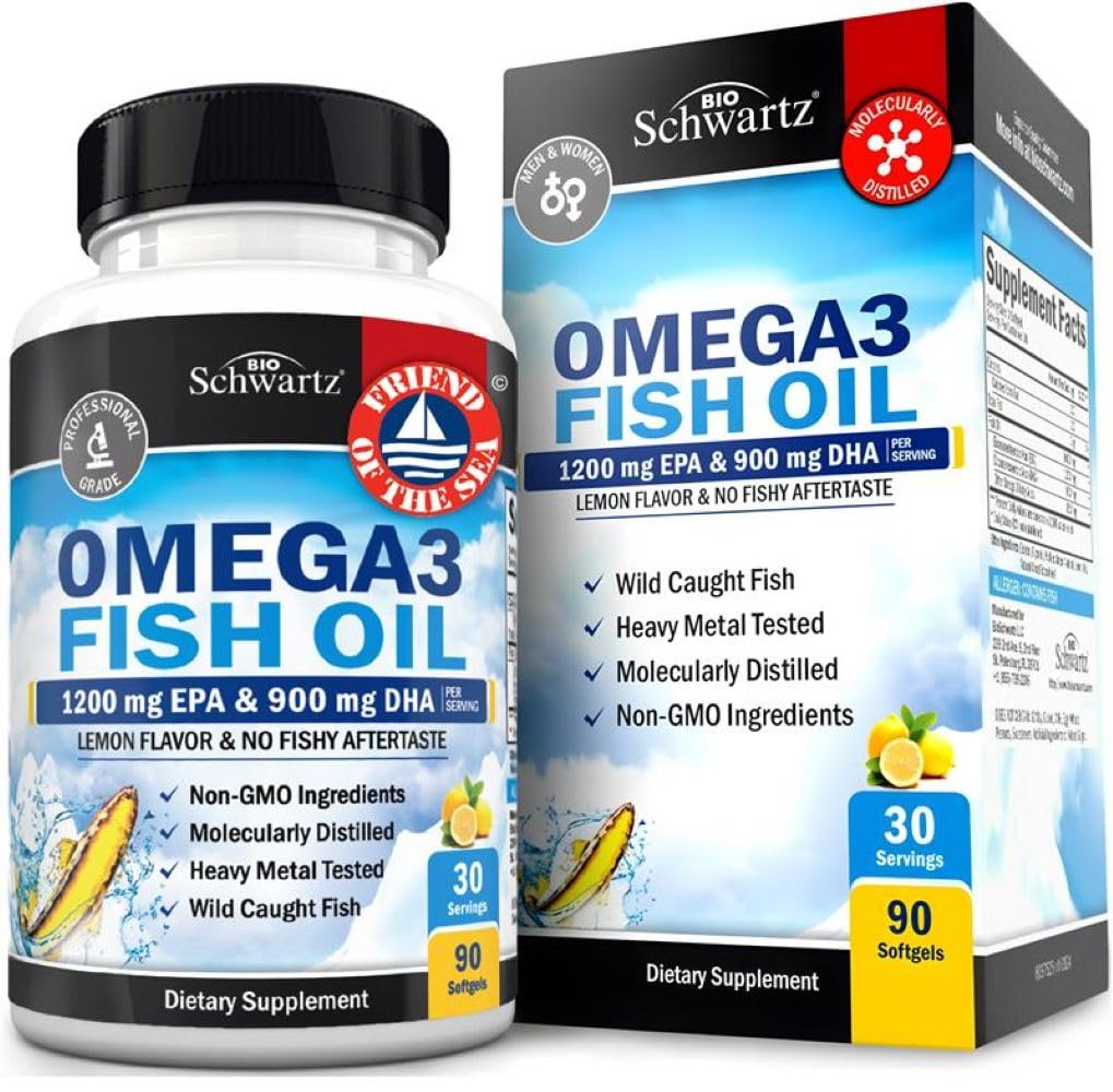 Putere triplă Omega 3 ulei de pește 3000mg - Potență mare Omega 3 Supliment pentru femei și bărbați, Burpless Lemon ulei de pește aromă - 2250mg acizi grași esențiali cu DHA & EPA, Wild Caught, 90 Softgels