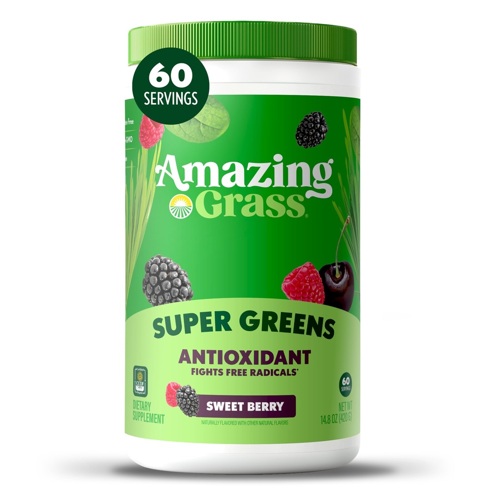 Greens Superoxidant: Greens Powder cu Spirulina organica, Root Root Powder, Elderberry & Probiotics, Sweet Berry, 60 Servings (Packing May Vary)