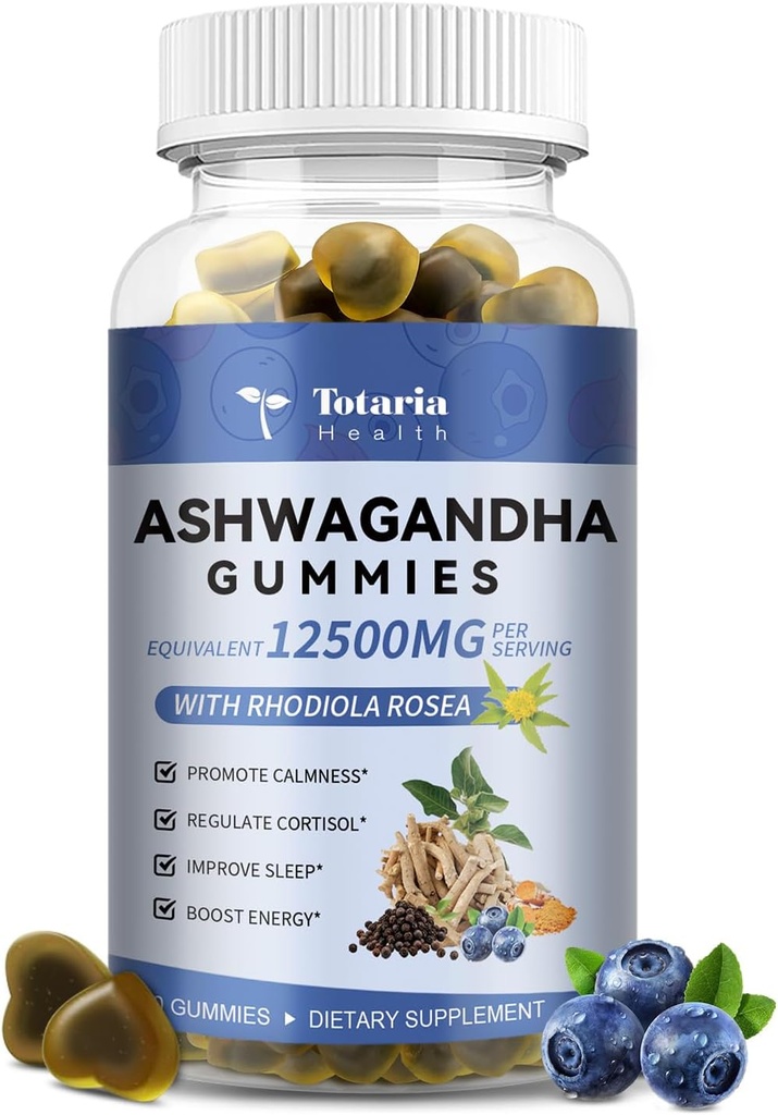 Totaria Sugar Free Ashwagandha Umpled Gummies w/Vitamina D3, Magneziu Glicinate, Rhodiola, Ultra Putere Ashwa Suplimente rădăcină pentru femei & Wen, pentru relaxare, energie, Cortisol Gummies