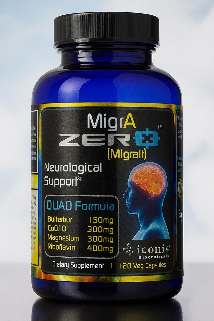 Migrene Relief, Quad-Formula with PA-Free Butterbur (150mg), CoQ10 (300mg), Magneziu Glycinat (300mg), High-Dose Riboflavin (400mg) - MigriA Zero (120 Caps) Dozare optimă pentru Migrene Sufferers