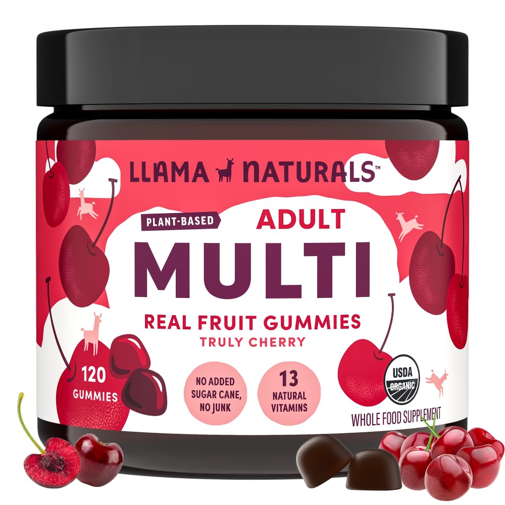 Llama Naturals Multivitamine pentru Femei si Barbati, Vegani, Gume organice cu vitamina D, C si K, Adulti Vitamine Real Fruit Gummy, Supliment Multivitamine Mestecabile, Nu Adăugat trestie de zahăr, Cherry, 120 Ct