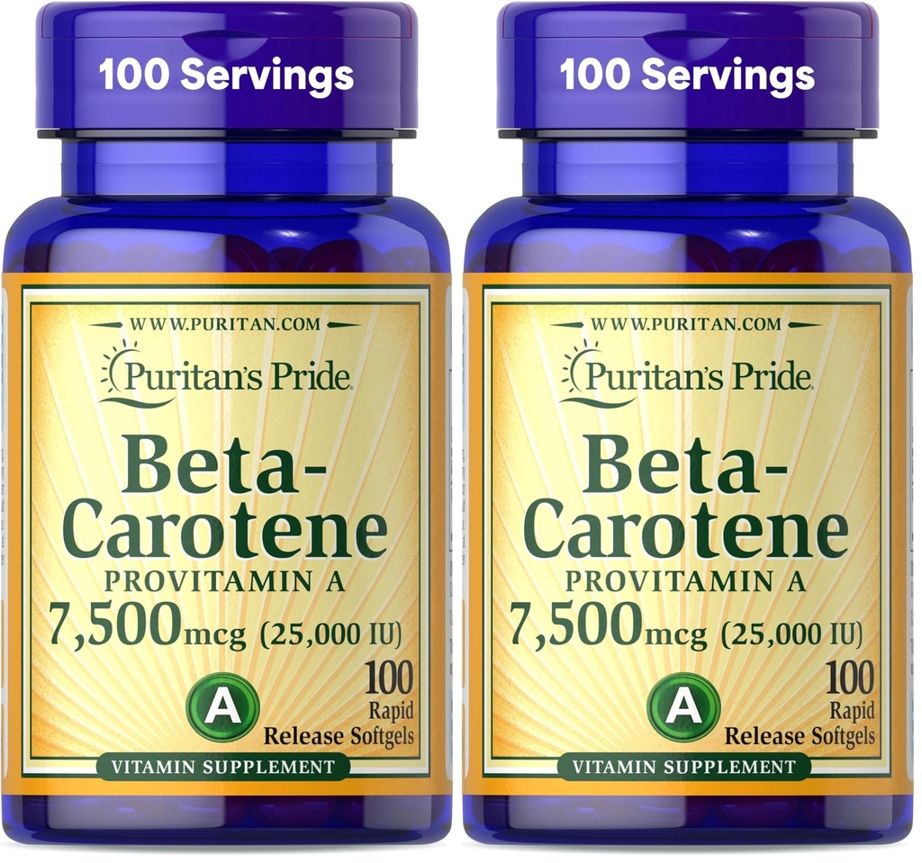 Puritan's Pride Beta Caroten for Immune and Eye Health to Sprijinirea unui sistem imunitar sănătos 100 Softgels (Pachet de 2)