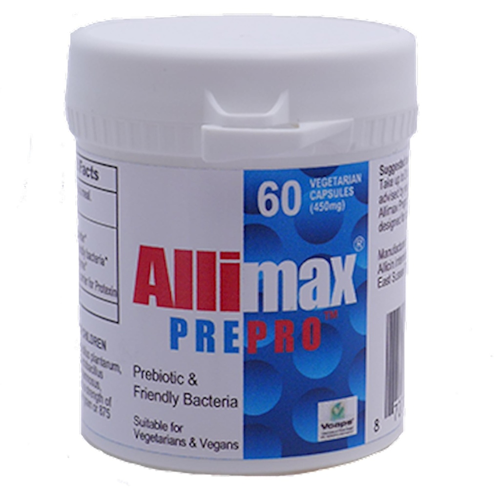 ALLIMAX Pre Pro - 60 Caps. Allice stabilizate Plus prebiotice, probiotice și enzime digestive.
