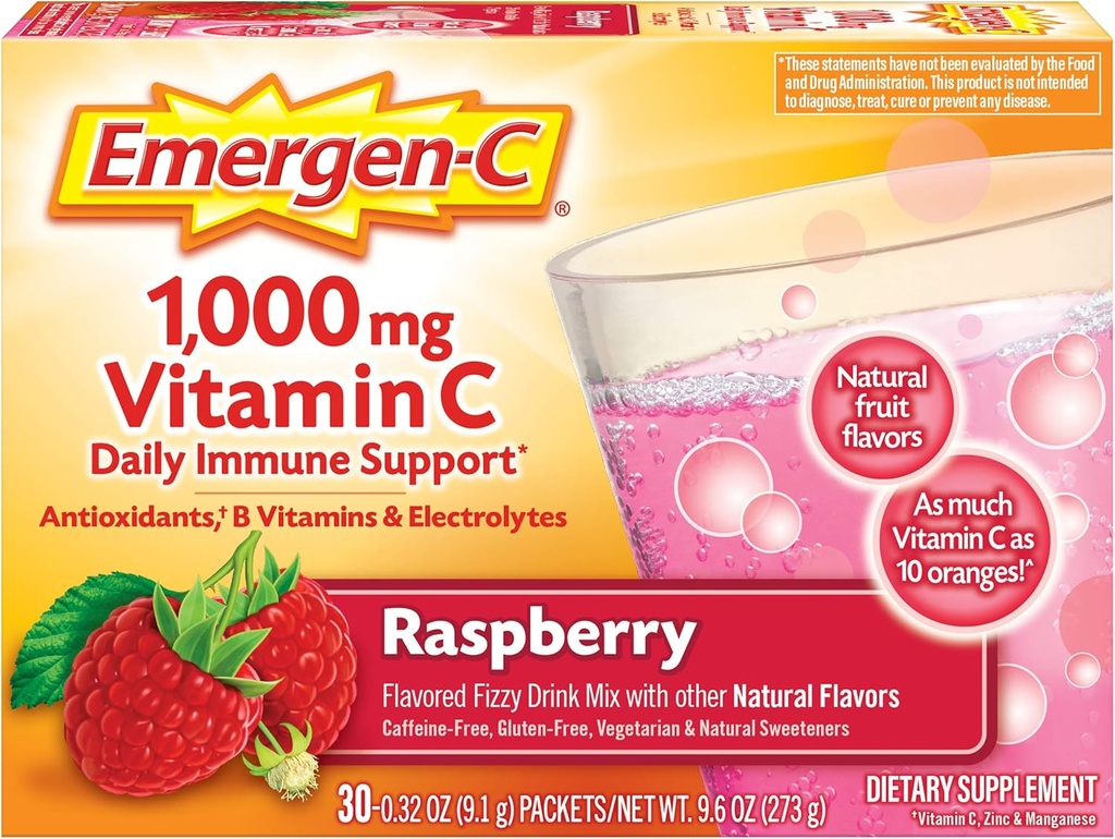 Emergen-C 1000mg vitamina C pulbere, cu antioxidanți, vitamine B și electroliți, Suplimente de imunitate pentru suport imunitar, Cafeina gratuit Fizzy Drink Mix, Aroma de zmeură - 30 Conte/1 lună de aprovizionare