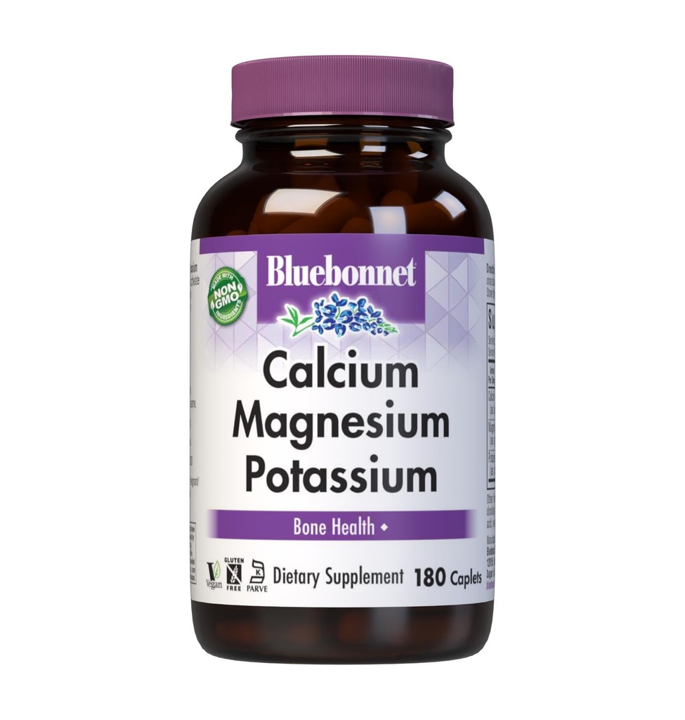 Bluebonnet Calciu magneziu Supliment de potasiu pentru femei si barbati - Suporturi Oase sanatoase - Calciu 1000 mg Supliment mineral Chelate Forma - non-GMO, Vegan, Gluten-Free - 180 Caplete