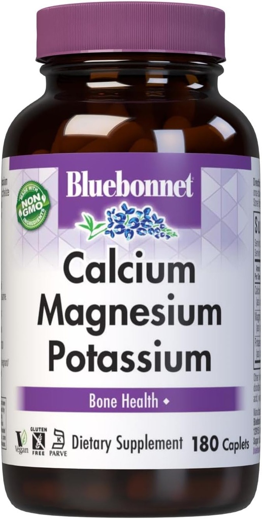 Bluebonnet Calciu magneziu Supliment de potasiu pentru femei si barbati - Suporturi Oase sanatoase - Calciu 1000 mg Supliment mineral Chelate Forma - non-GMO, Vegan, Gluten-Free - 180 Caplete