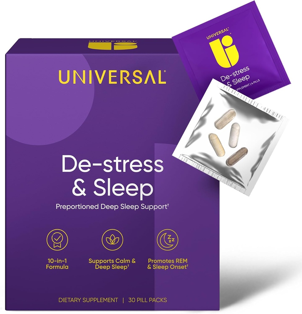 De-Stress & Sleep Supplement - 10-in-1 Natural Sleep Aid for Adulți, Daily Multivitamine cu Magneziu, Melatonina, Ashwagandha, L Theanină, Root Valerian, Pastile de dormit pentru bărbați și femei, 30 Pack