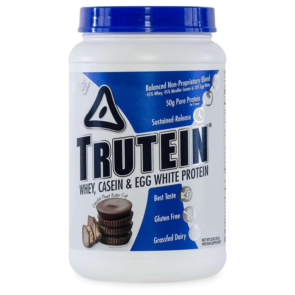 Nutriție corp Trutein Pulbere de proteine ridicate: 45% Whey, 45% Cazeină, 10% Ou Alb, Gluten-Free, Sodiu scăzut, Iarbă Fed Whey Pulbere Proteină, Gym Supliment & Breakfast Shake, Unt de arahide de ciocolată, 2lb