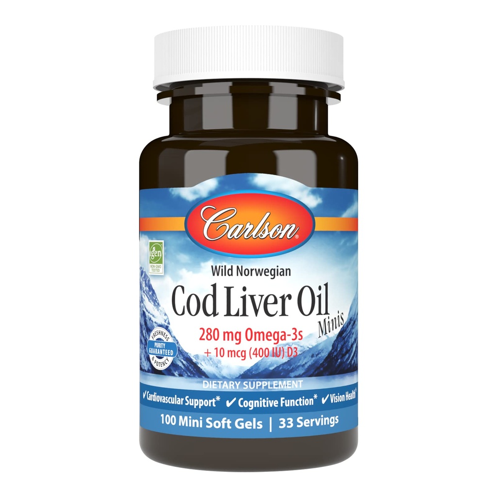 Carlson - Cod Ulei de ficat Minis, 280 mg Omega-3s + Vitamine A & D3, suport cardiac și funcție cognitivă, Vision Health, 100 Mini Softgels