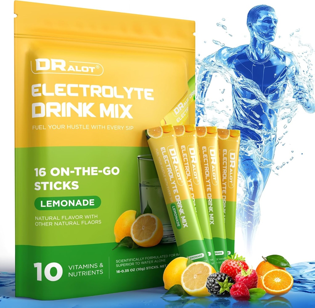 Electroliţi fără zahăr Pulbere cu arome naturale, 3X Pachete de hidratare rapidă cu 10 Electroliti & Vitamine, Liquid Daily IV, Non-GMO, Gluten-Free, Keto, Vegan, 16 Sticks, Lemon