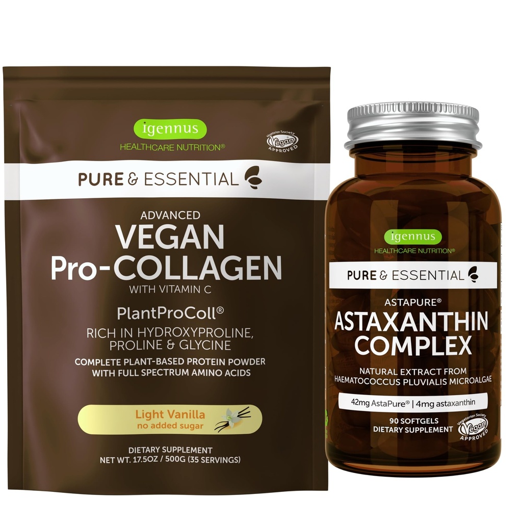 Vegan Vanilla Colagen Proteine Powder + Astaxantin Complex Vegan Bundle, Colagen Boosing Formula + Natural 4mg H. Pluvialis Astaxantină pentru păr, piele și unghii, de Igennus