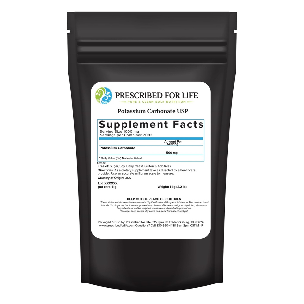 Prescribed for Life Potasic Carbonate Powder, Natural USP Food Grade Potash for Plants, Soap, Suplimente, & More, Pure Bulk Potasic Powder (1kg / 2.2lb)