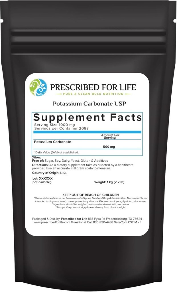 Prescribed for Life Potasic Carbonate Powder, Natural USP Food Grade Potash for Plants, Soap, Suplimente, & More, Pure Bulk Potasic Powder (1kg / 2.2lb)