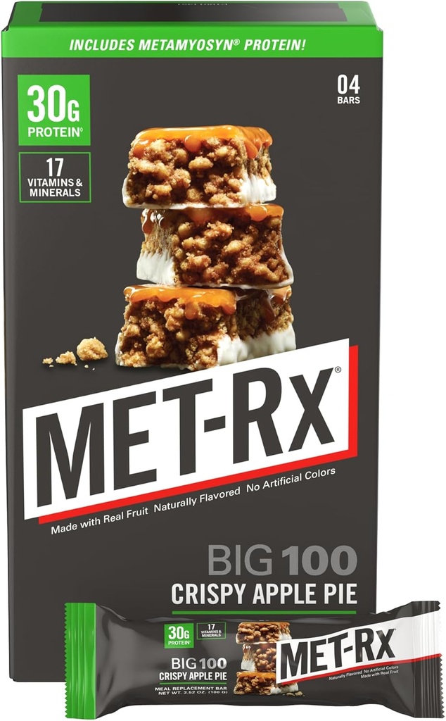 MET-Rx Big 100 Colossal Protein Bars, Crispy Apple Pie Meal Replacement Bars, 4 Count