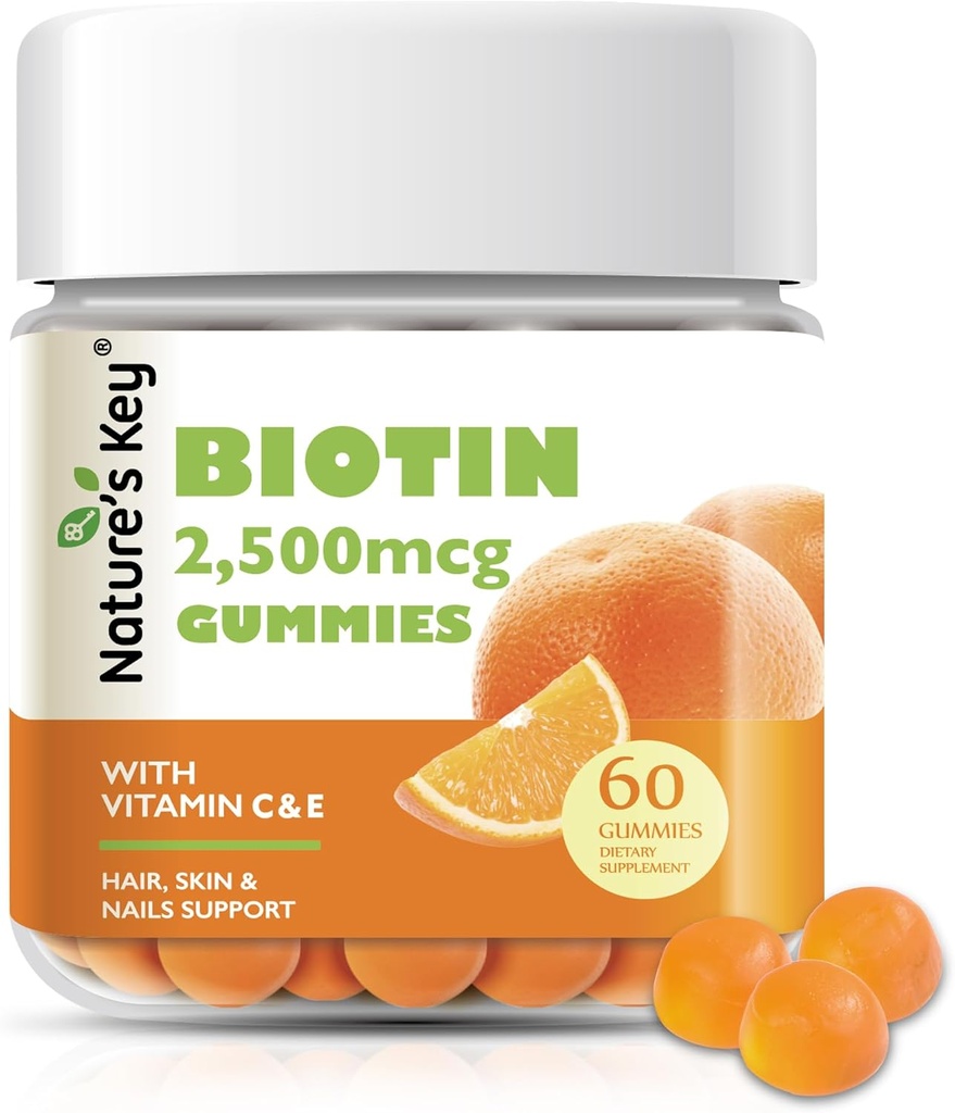 Nature's Key Biotin Gummies with Vitamin C and E, Support Hair Nails Growth & Beautiful Skin for Women Men and Kids, Vegan, Orange Flavors 60 Count