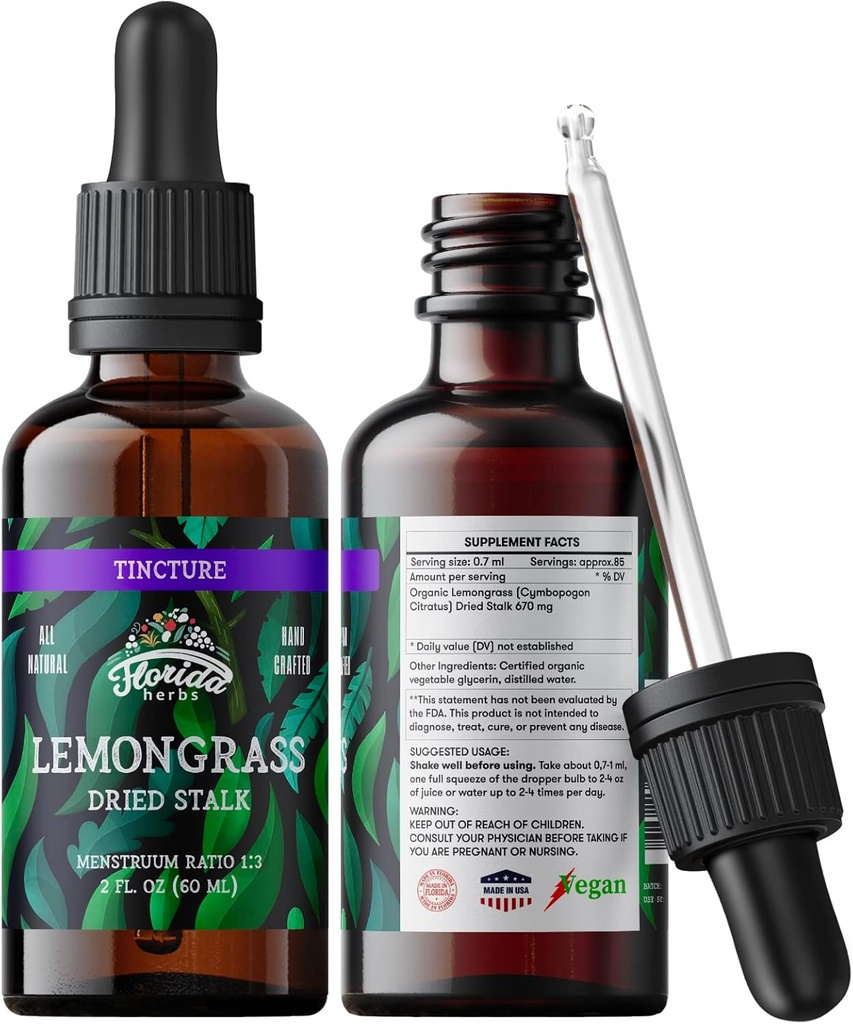 Limongrass Tinctură, Extract organic de lemongrass (Cymbopogon Citratus) Supliment vegetal, ne-GMO în Glicerină vegetală organică presată la rece, 700 mg, 2 oz (60 ml)